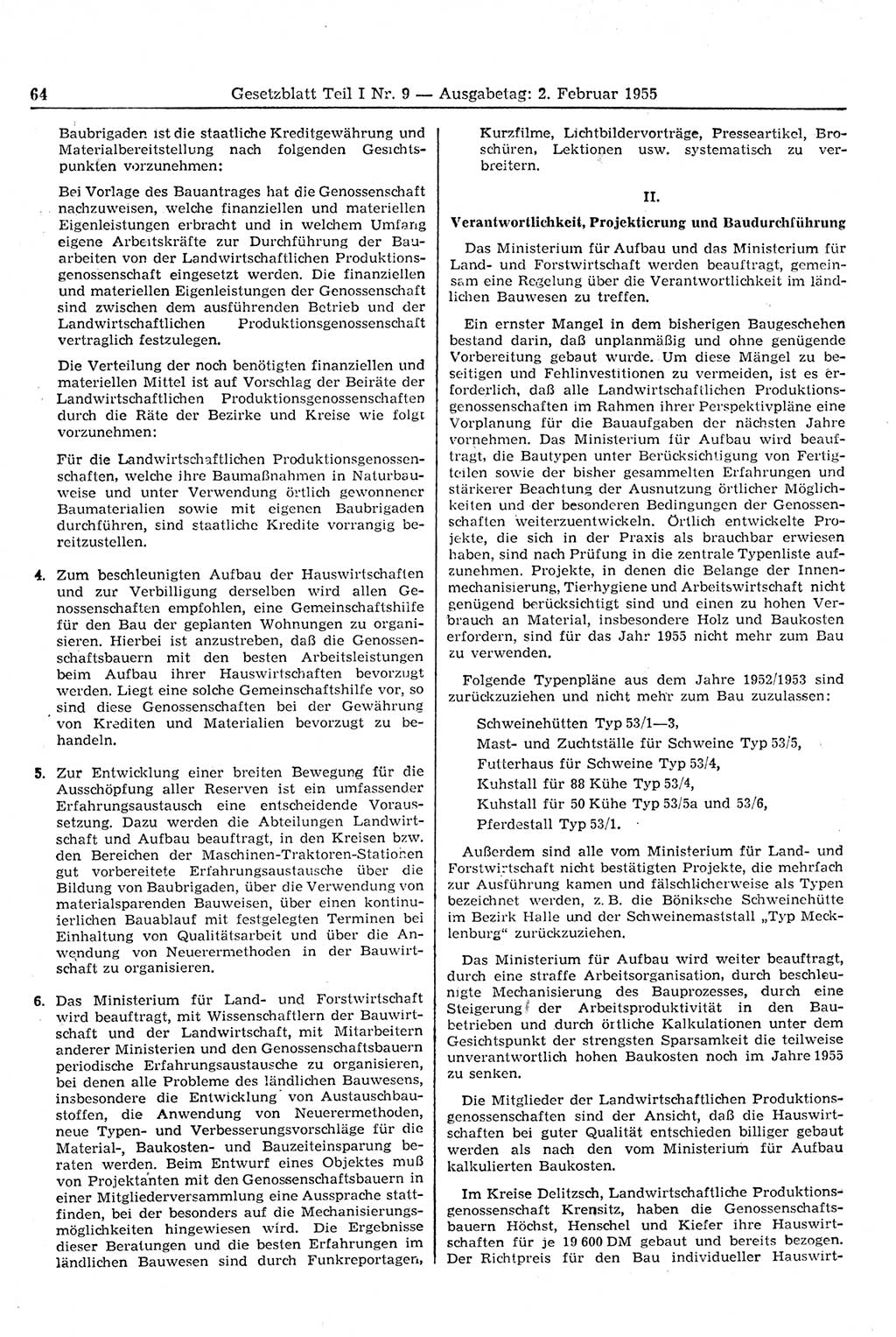 Gesetzblatt (GBl.) der Deutschen Demokratischen Republik (DDR) Teil Ⅰ 1955, Seite 64 (GBl. DDR Ⅰ 1955, S. 64)