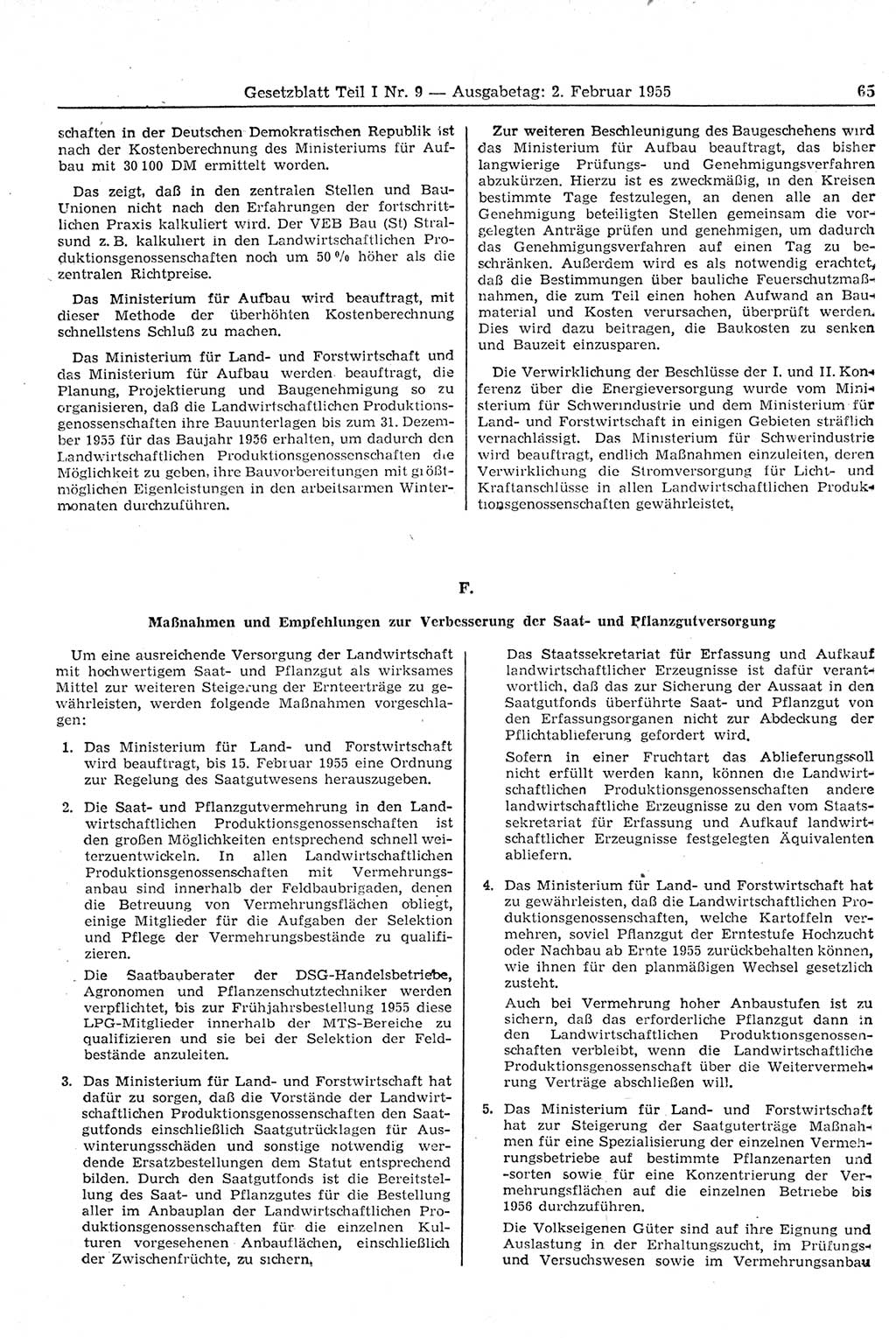 Gesetzblatt (GBl.) der Deutschen Demokratischen Republik (DDR) Teil Ⅰ 1955, Seite 65 (GBl. DDR Ⅰ 1955, S. 65)