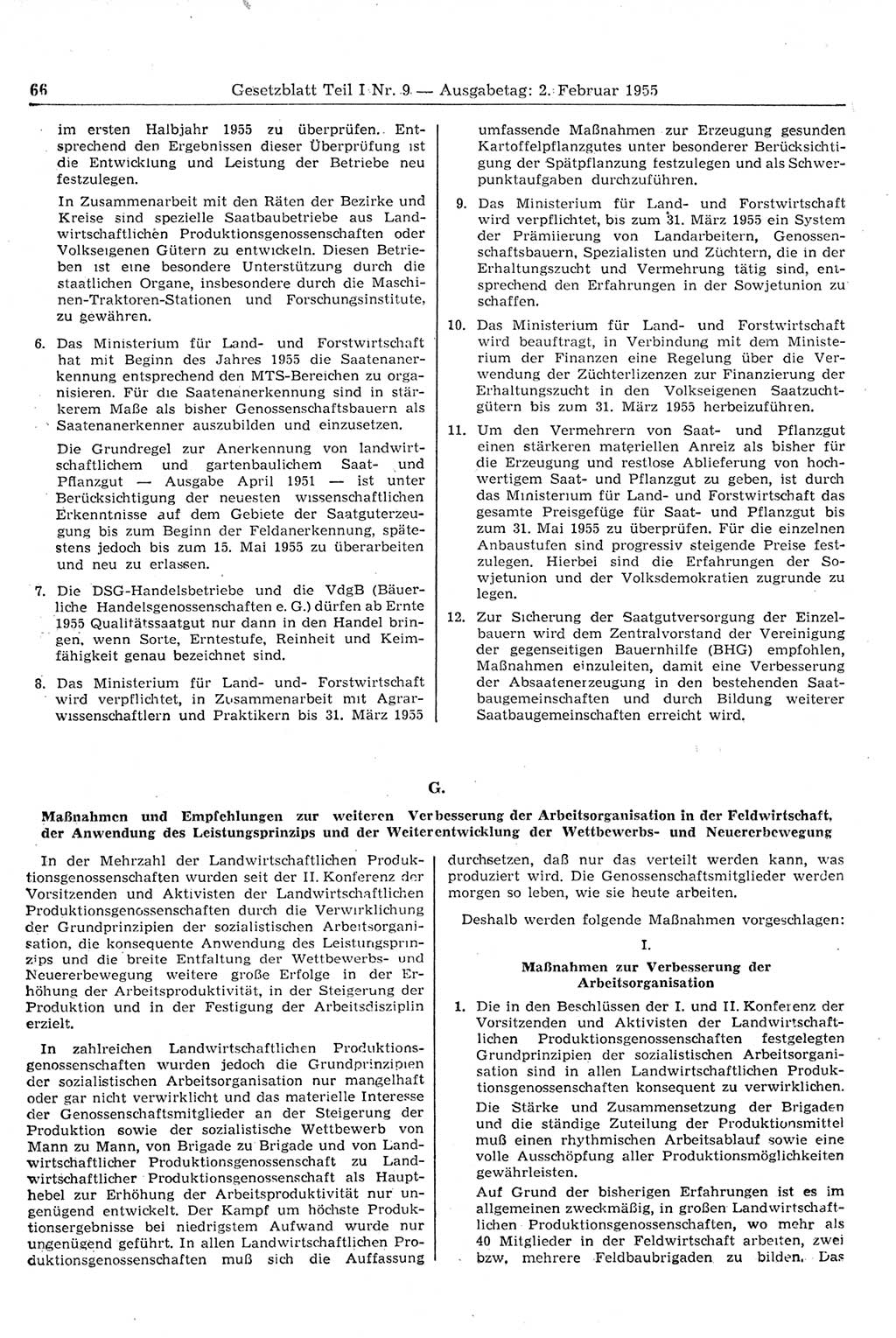 Gesetzblatt (GBl.) der Deutschen Demokratischen Republik (DDR) Teil Ⅰ 1955, Seite 66 (GBl. DDR Ⅰ 1955, S. 66)