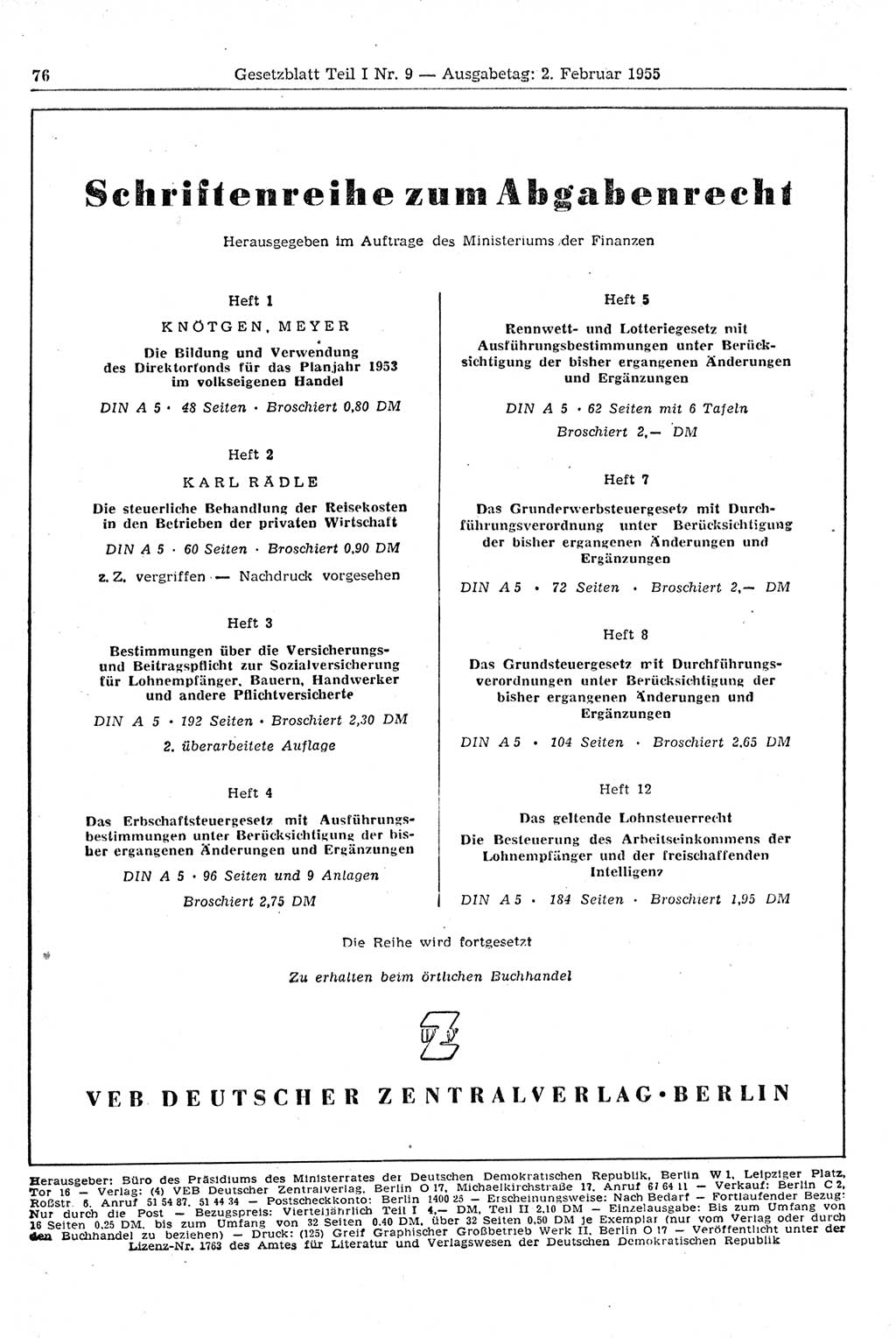 Gesetzblatt (GBl.) der Deutschen Demokratischen Republik (DDR) Teil Ⅰ 1955, Seite 76 (GBl. DDR Ⅰ 1955, S. 76)