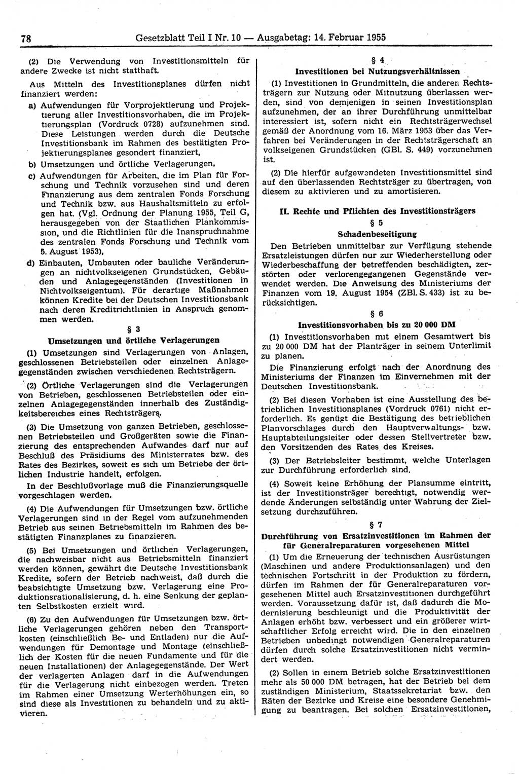 Gesetzblatt (GBl.) der Deutschen Demokratischen Republik (DDR) Teil Ⅰ 1955, Seite 78 (GBl. DDR Ⅰ 1955, S. 78)