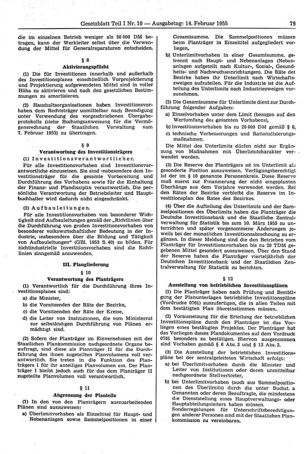 Gesetzblatt (GBl.) der Deutschen Demokratischen Republik (DDR) Teil Ⅰ 1955, Seite 79 (GBl. DDR Ⅰ 1955, S. 79)