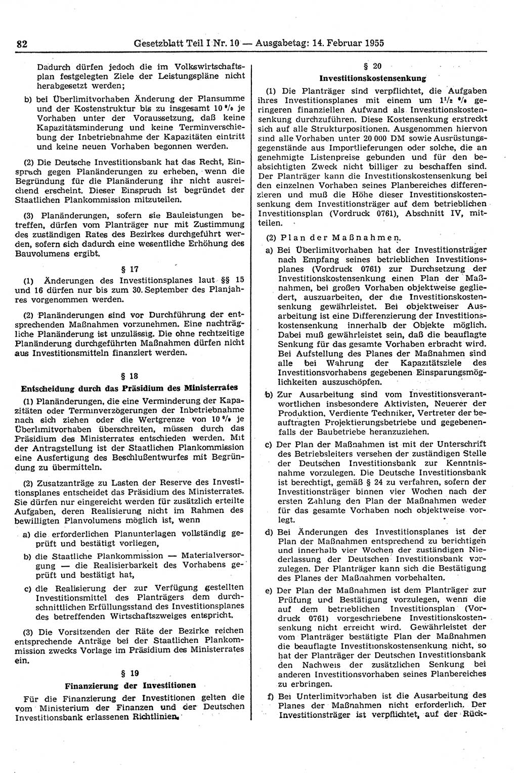 Gesetzblatt (GBl.) der Deutschen Demokratischen Republik (DDR) Teil Ⅰ 1955, Seite 82 (GBl. DDR Ⅰ 1955, S. 82)