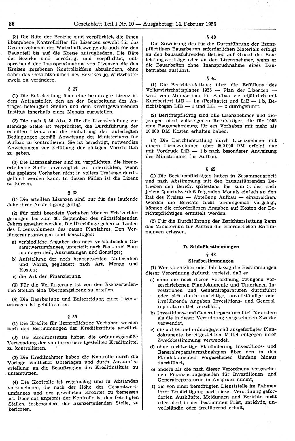 Gesetzblatt (GBl.) der Deutschen Demokratischen Republik (DDR) Teil Ⅰ 1955, Seite 86 (GBl. DDR Ⅰ 1955, S. 86)