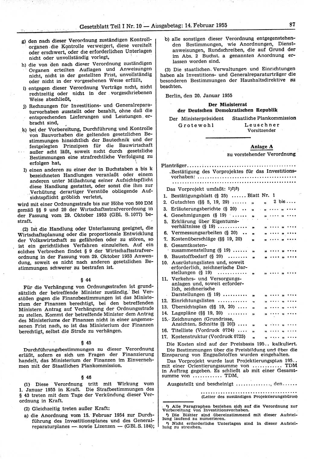 Gesetzblatt (GBl.) der Deutschen Demokratischen Republik (DDR) Teil Ⅰ 1955, Seite 87 (GBl. DDR Ⅰ 1955, S. 87)