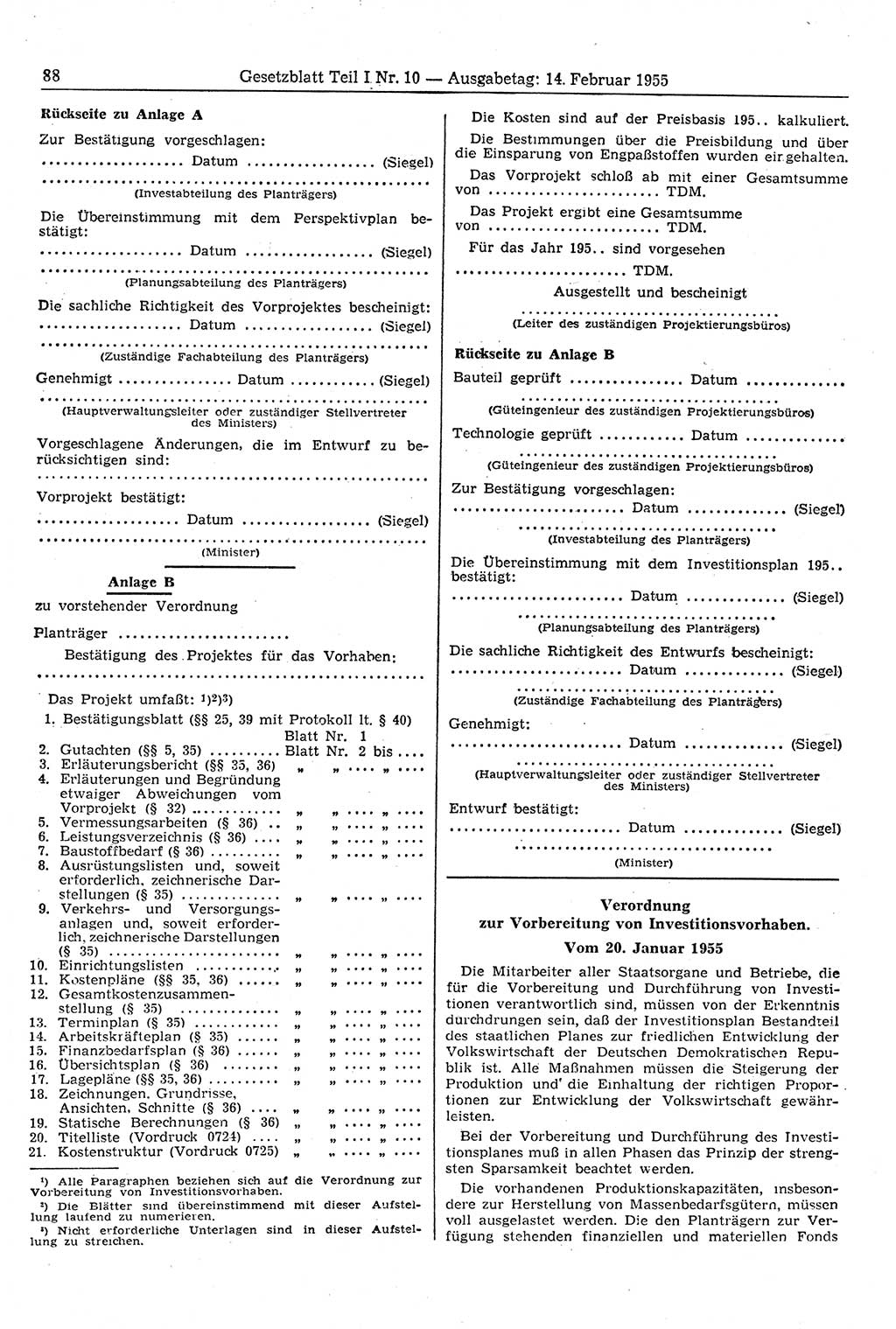 Gesetzblatt (GBl.) der Deutschen Demokratischen Republik (DDR) Teil Ⅰ 1955, Seite 88 (GBl. DDR Ⅰ 1955, S. 88)