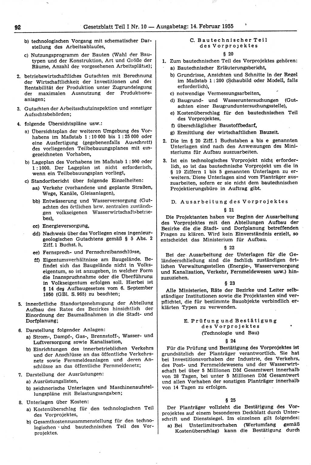 Gesetzblatt (GBl.) der Deutschen Demokratischen Republik (DDR) Teil Ⅰ 1955, Seite 92 (GBl. DDR Ⅰ 1955, S. 92)