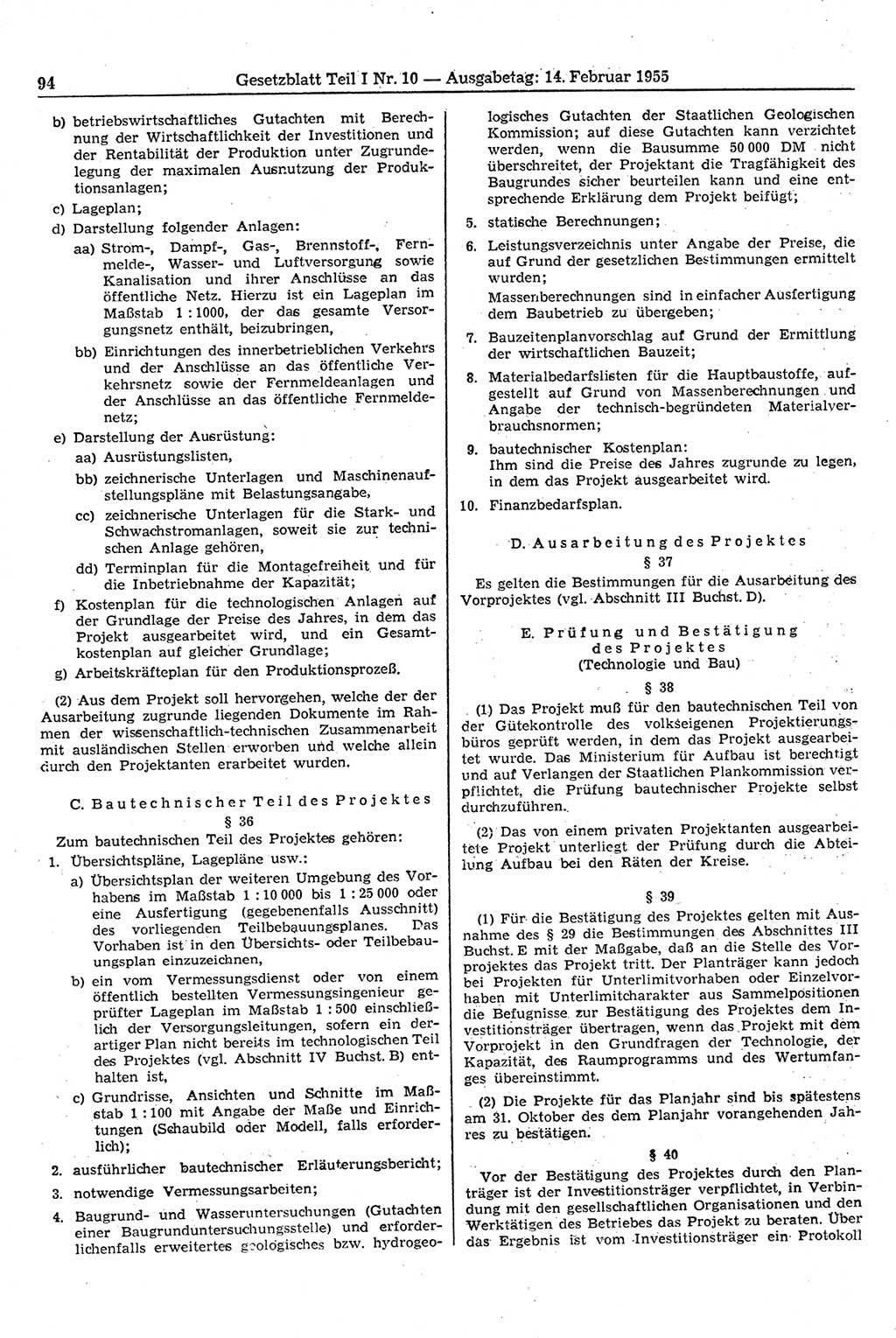 Gesetzblatt (GBl.) der Deutschen Demokratischen Republik (DDR) Teil Ⅰ 1955, Seite 94 (GBl. DDR Ⅰ 1955, S. 94)