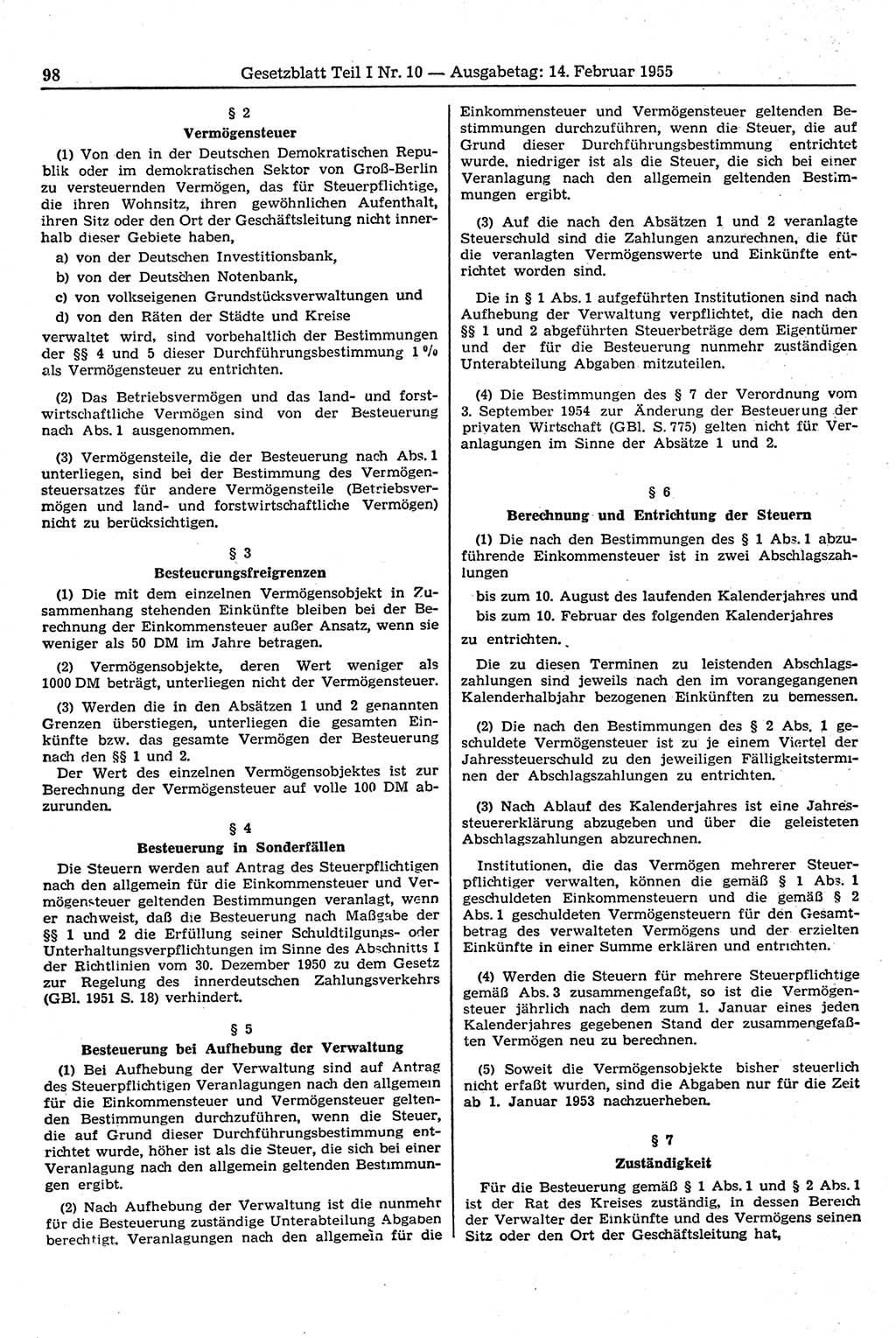 Gesetzblatt (GBl.) der Deutschen Demokratischen Republik (DDR) Teil Ⅰ 1955, Seite 98 (GBl. DDR Ⅰ 1955, S. 98)