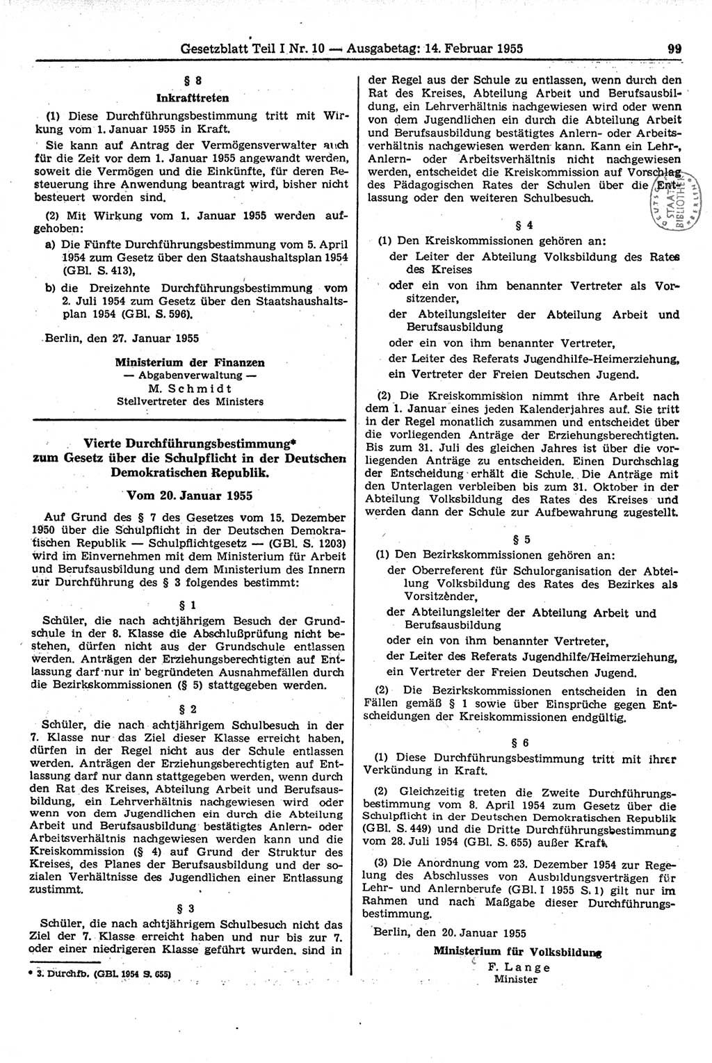 Gesetzblatt (GBl.) der Deutschen Demokratischen Republik (DDR) Teil Ⅰ 1955, Seite 99 (GBl. DDR Ⅰ 1955, S. 99)