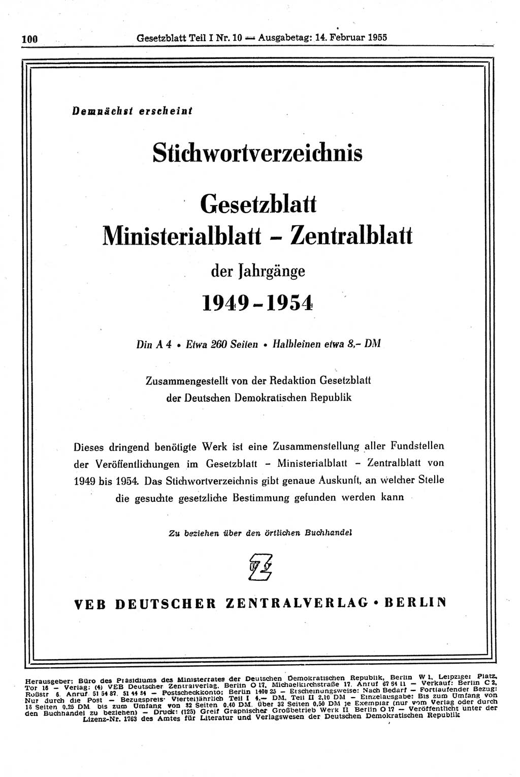 Gesetzblatt (GBl.) der Deutschen Demokratischen Republik (DDR) Teil Ⅰ 1955, Seite 100 (GBl. DDR Ⅰ 1955, S. 100)