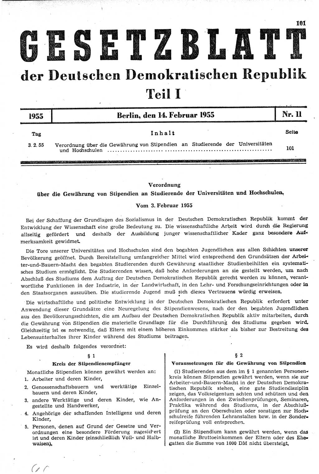 Gesetzblatt (GBl.) der Deutschen Demokratischen Republik (DDR) Teil Ⅰ 1955, Seite 101 (GBl. DDR Ⅰ 1955, S. 101)