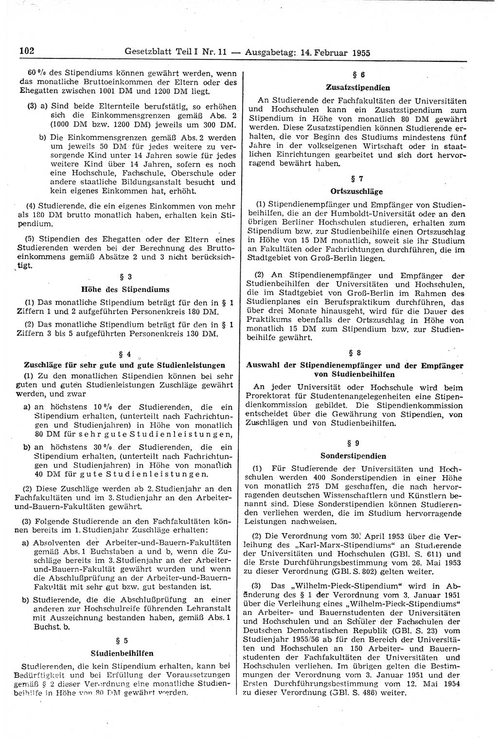 Gesetzblatt (GBl.) der Deutschen Demokratischen Republik (DDR) Teil Ⅰ 1955, Seite 102 (GBl. DDR Ⅰ 1955, S. 102)