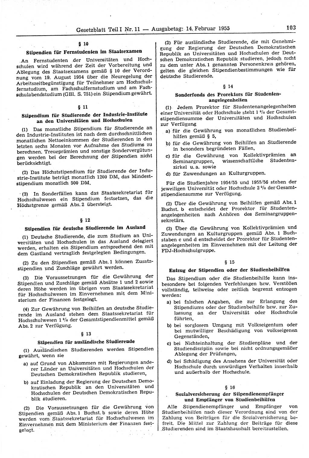 Gesetzblatt (GBl.) der Deutschen Demokratischen Republik (DDR) Teil Ⅰ 1955, Seite 103 (GBl. DDR Ⅰ 1955, S. 103)