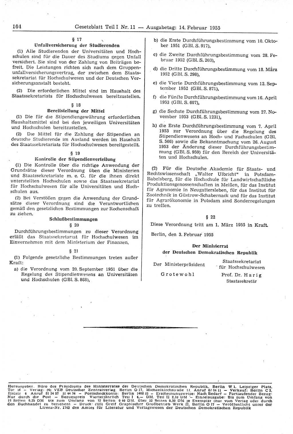 Gesetzblatt (GBl.) der Deutschen Demokratischen Republik (DDR) Teil Ⅰ 1955, Seite 104 (GBl. DDR Ⅰ 1955, S. 104)