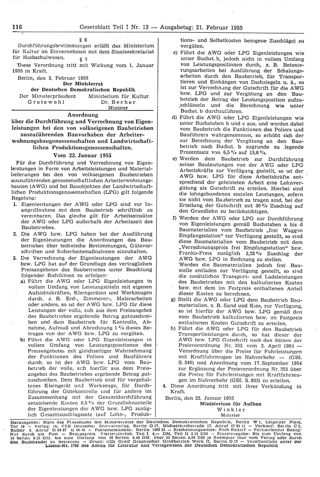 Gesetzblatt (GBl.) der Deutschen Demokratischen Republik (DDR) Teil Ⅰ 1955, Seite 116 (GBl. DDR Ⅰ 1955, S. 116)