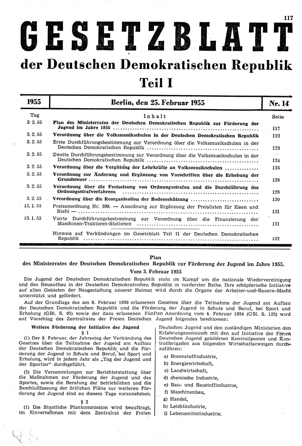 Gesetzblatt (GBl.) der Deutschen Demokratischen Republik (DDR) Teil Ⅰ 1955, Seite 117 (GBl. DDR Ⅰ 1955, S. 117)