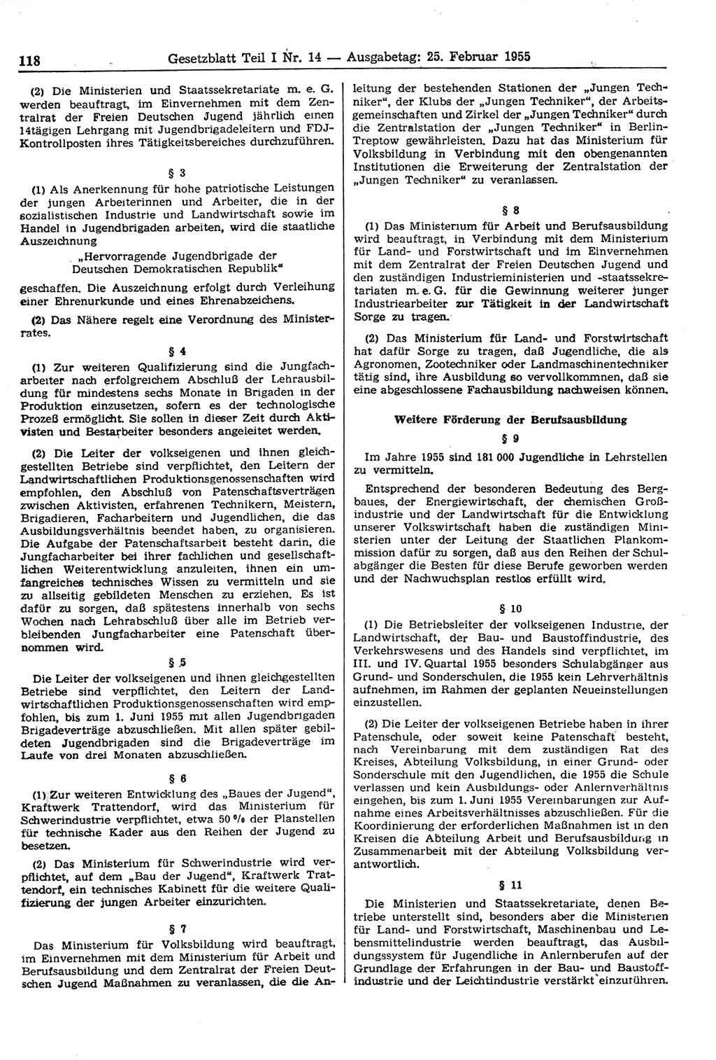 Gesetzblatt (GBl.) der Deutschen Demokratischen Republik (DDR) Teil Ⅰ 1955, Seite 118 (GBl. DDR Ⅰ 1955, S. 118)