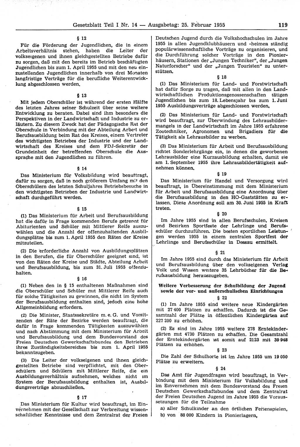 Gesetzblatt (GBl.) der Deutschen Demokratischen Republik (DDR) Teil Ⅰ 1955, Seite 119 (GBl. DDR Ⅰ 1955, S. 119)