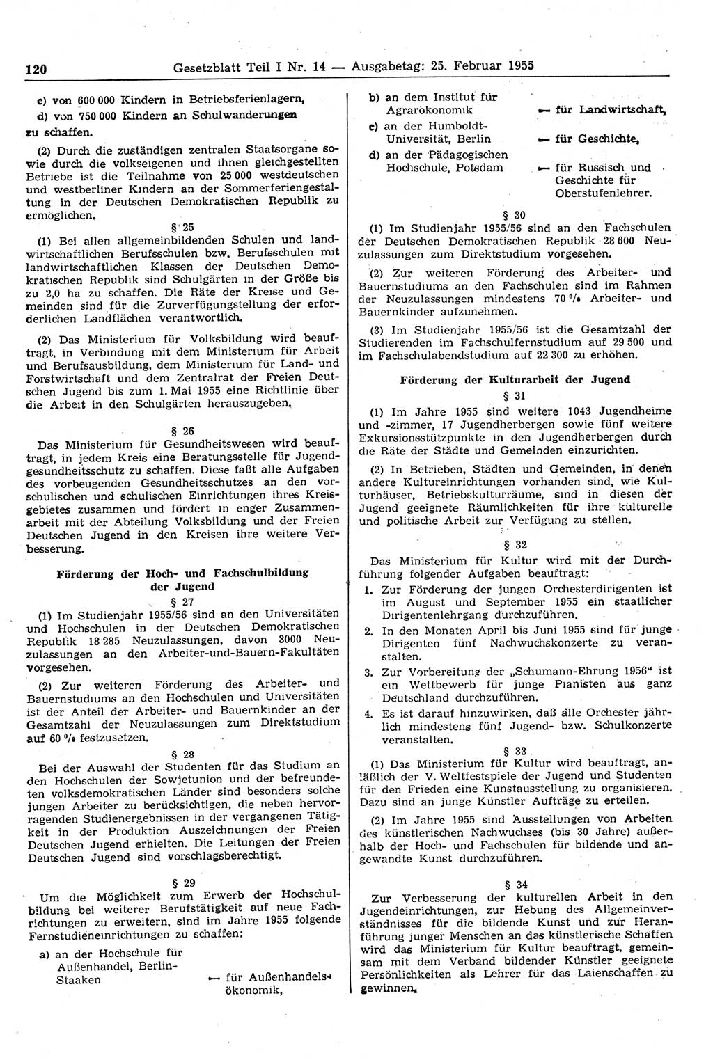 Gesetzblatt (GBl.) der Deutschen Demokratischen Republik (DDR) Teil Ⅰ 1955, Seite 120 (GBl. DDR Ⅰ 1955, S. 120)