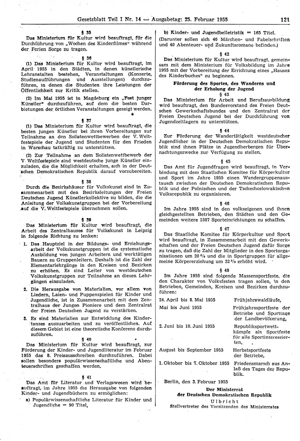 Gesetzblatt (GBl.) der Deutschen Demokratischen Republik (DDR) Teil Ⅰ 1955, Seite 121 (GBl. DDR Ⅰ 1955, S. 121)