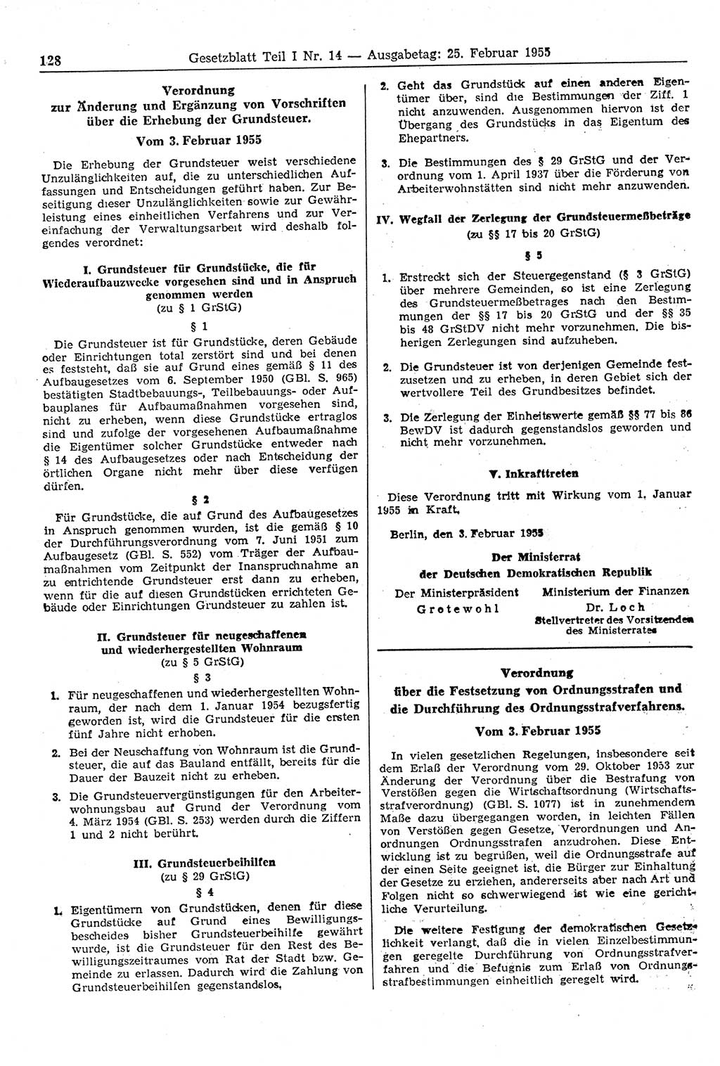 Gesetzblatt (GBl.) der Deutschen Demokratischen Republik (DDR) Teil Ⅰ 1955, Seite 128 (GBl. DDR Ⅰ 1955, S. 128)