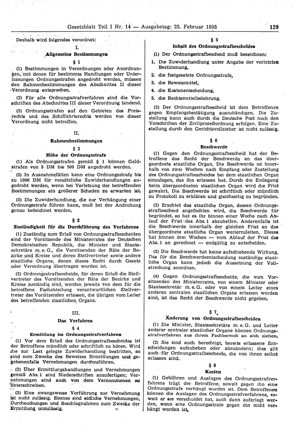 Gesetzblatt (GBl.) der Deutschen Demokratischen Republik (DDR) Teil Ⅰ 1955, Seite 129 (GBl. DDR Ⅰ 1955, S. 129)