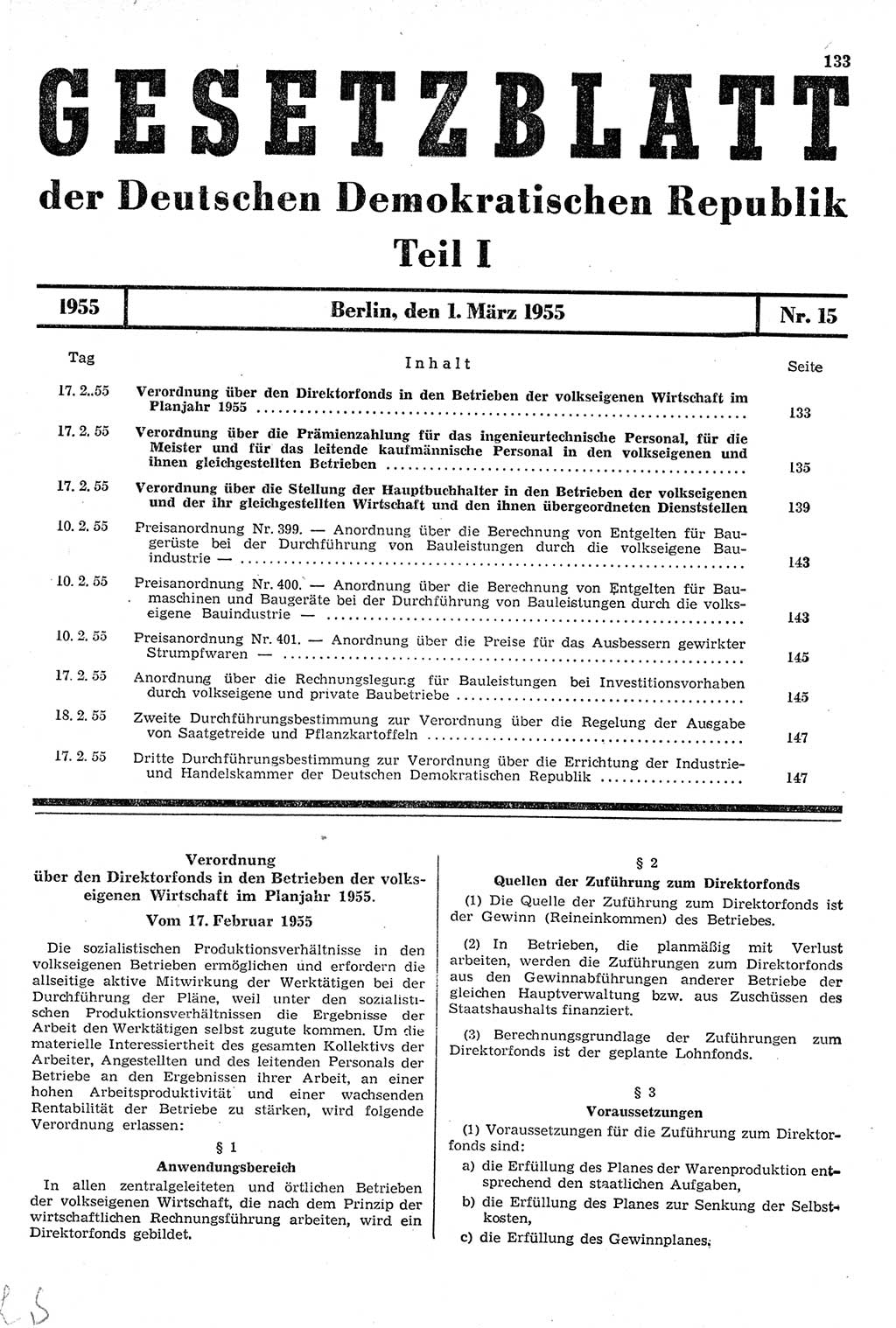 Gesetzblatt (GBl.) der Deutschen Demokratischen Republik (DDR) Teil Ⅰ 1955, Seite 133 (GBl. DDR Ⅰ 1955, S. 133)