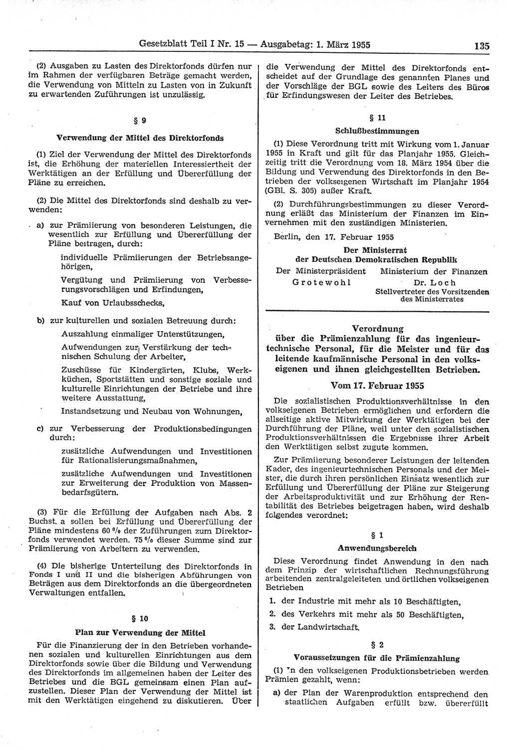 Gesetzblatt (GBl.) der Deutschen Demokratischen Republik (DDR) Teil Ⅰ 1955, Seite 135 (GBl. DDR Ⅰ 1955, S. 135)