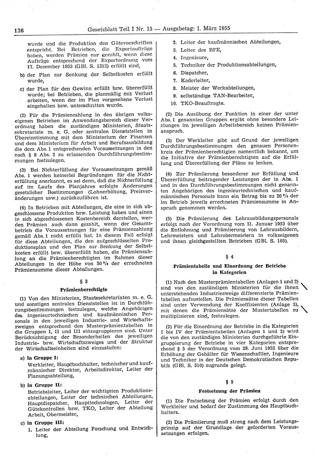 Gesetzblatt (GBl.) der Deutschen Demokratischen Republik (DDR) Teil Ⅰ 1955, Seite 136 (GBl. DDR Ⅰ 1955, S. 136)