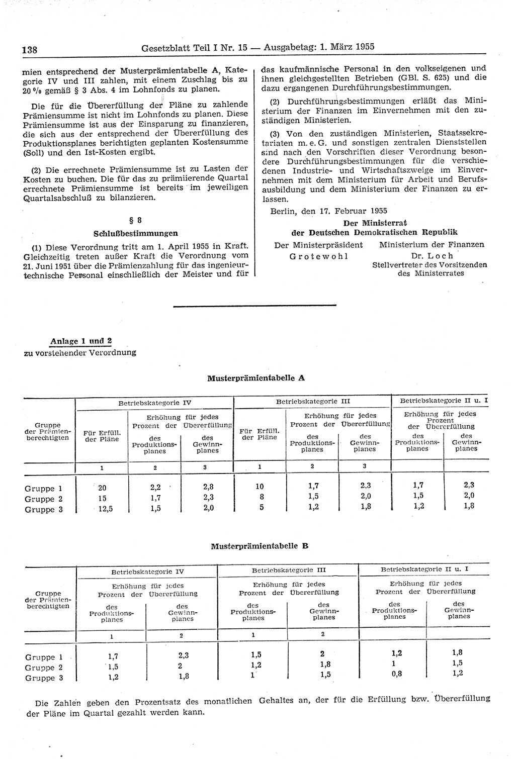 Gesetzblatt (GBl.) der Deutschen Demokratischen Republik (DDR) Teil Ⅰ 1955, Seite 138 (GBl. DDR Ⅰ 1955, S. 138)
