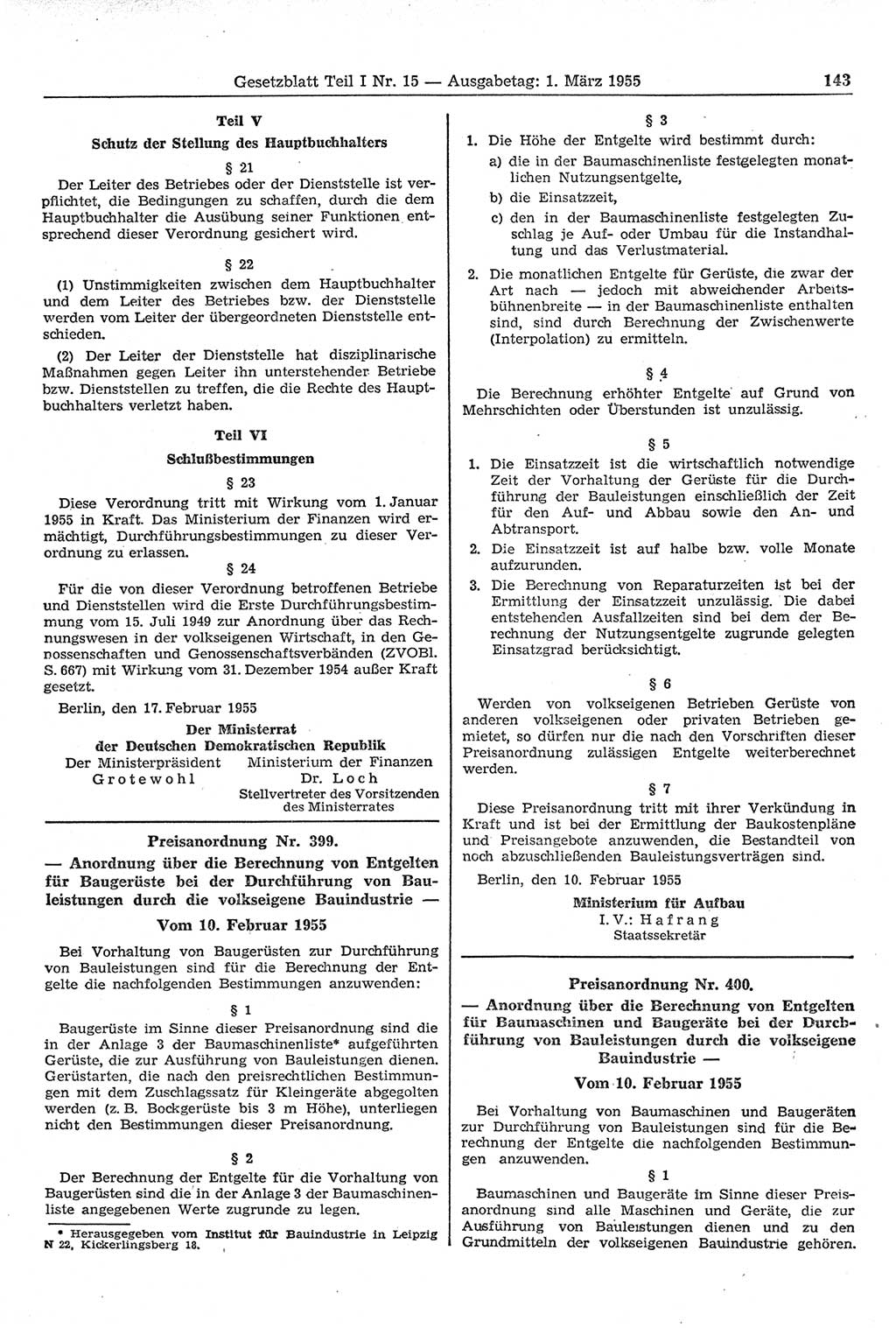 Gesetzblatt (GBl.) der Deutschen Demokratischen Republik (DDR) Teil Ⅰ 1955, Seite 143 (GBl. DDR Ⅰ 1955, S. 143)