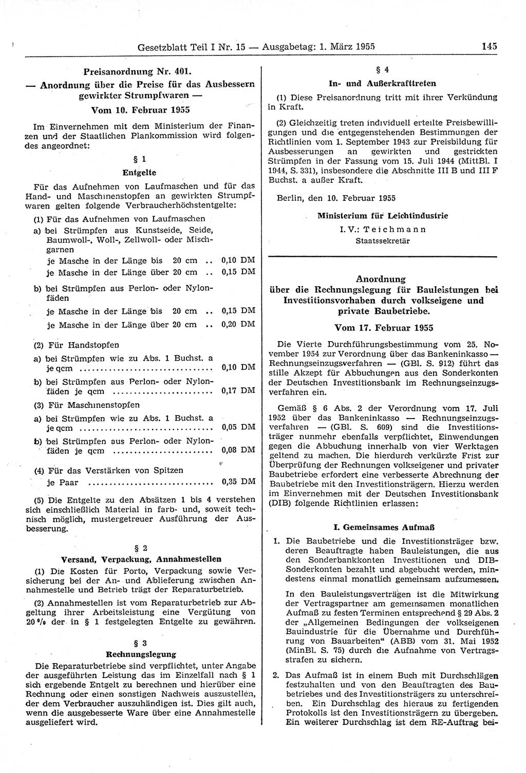 Gesetzblatt (GBl.) der Deutschen Demokratischen Republik (DDR) Teil Ⅰ 1955, Seite 145 (GBl. DDR Ⅰ 1955, S. 145)