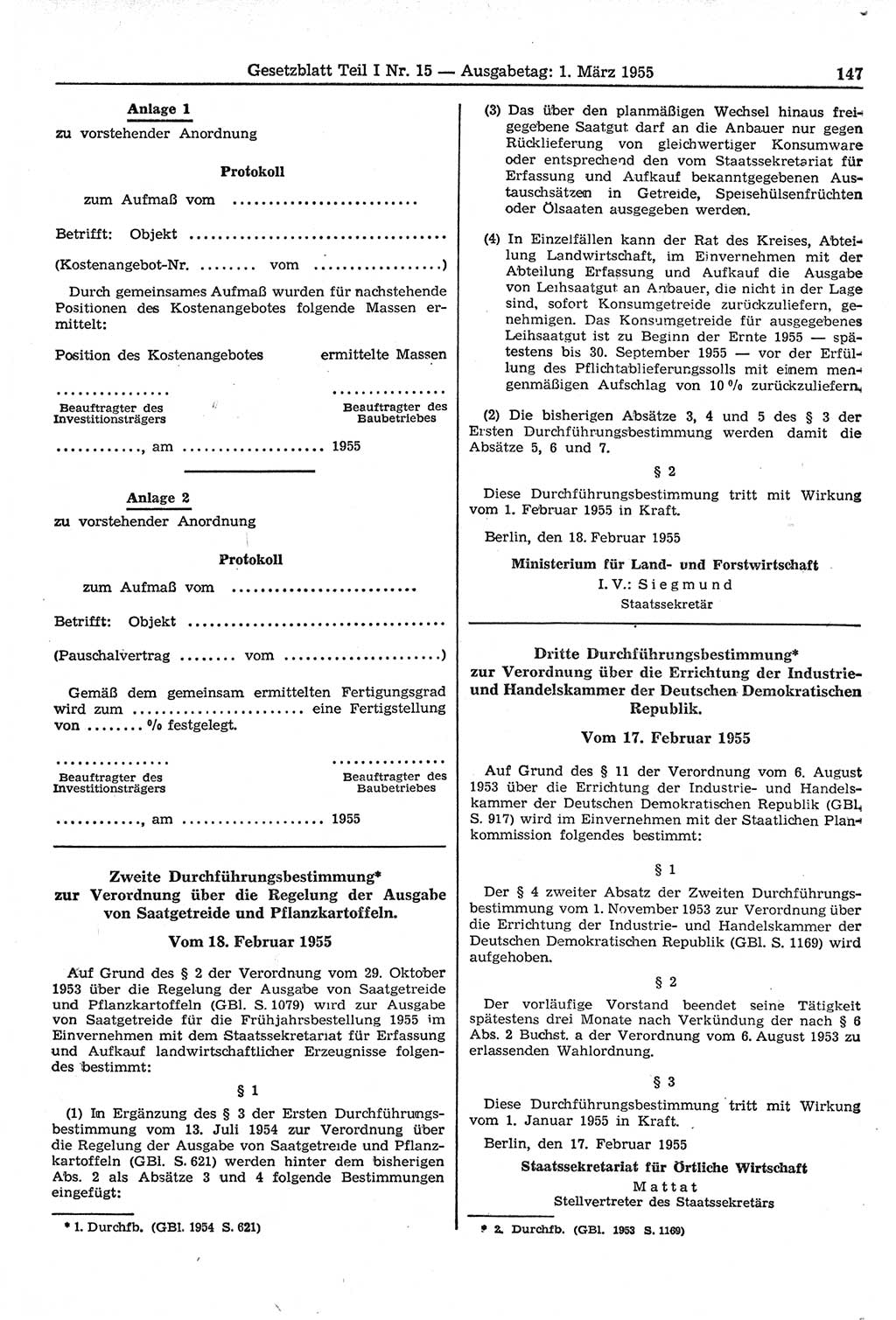 Gesetzblatt (GBl.) der Deutschen Demokratischen Republik (DDR) Teil Ⅰ 1955, Seite 147 (GBl. DDR Ⅰ 1955, S. 147)