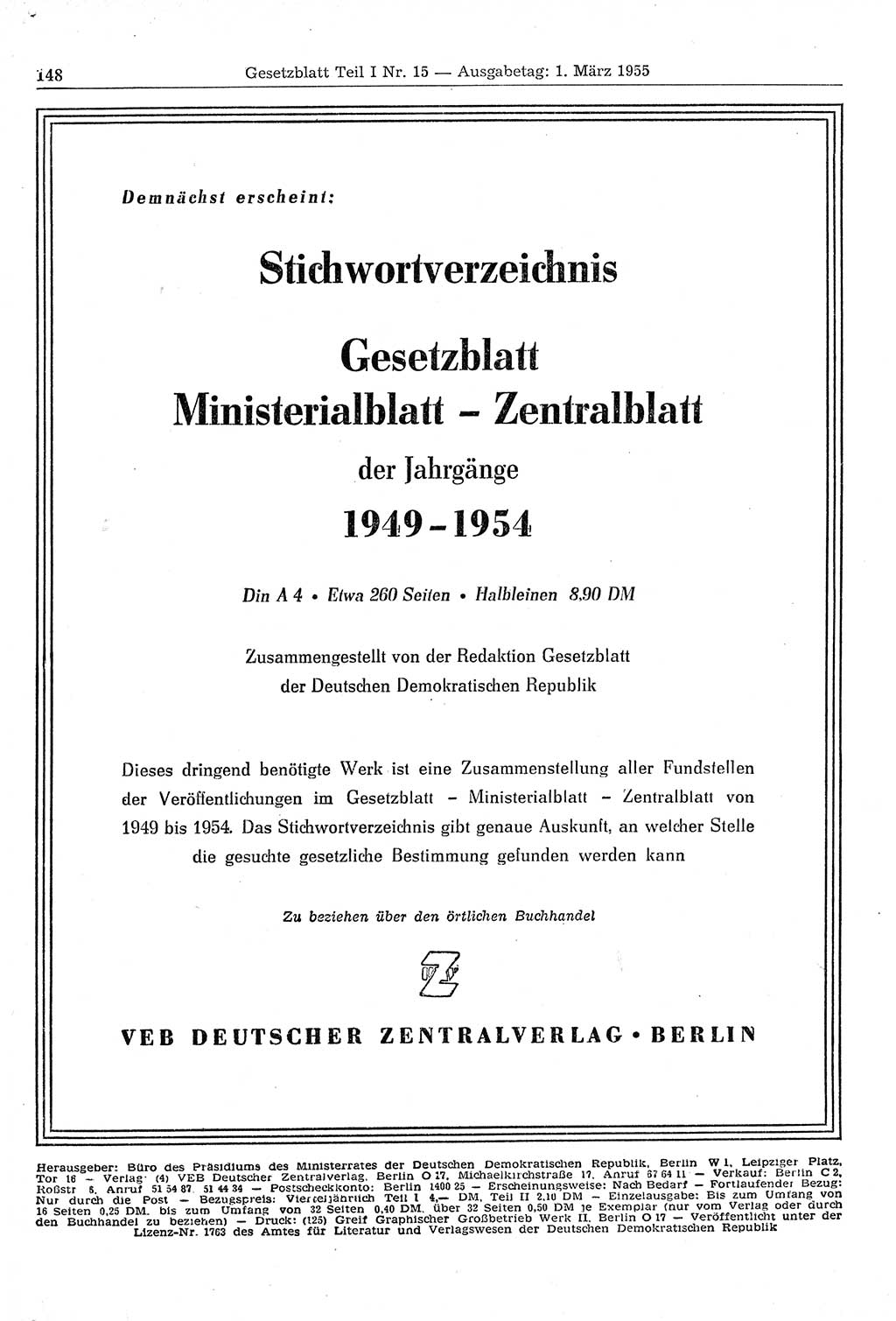 Gesetzblatt (GBl.) der Deutschen Demokratischen Republik (DDR) Teil Ⅰ 1955, Seite 148 (GBl. DDR Ⅰ 1955, S. 148)
