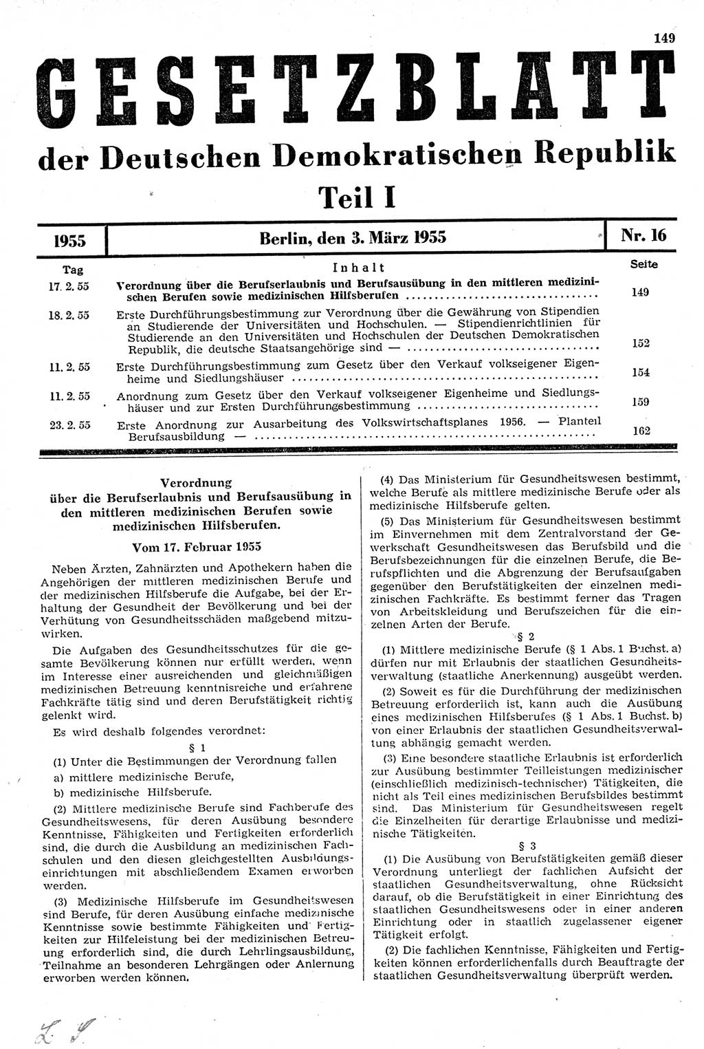 Gesetzblatt (GBl.) der Deutschen Demokratischen Republik (DDR) Teil Ⅰ 1955, Seite 149 (GBl. DDR Ⅰ 1955, S. 149)