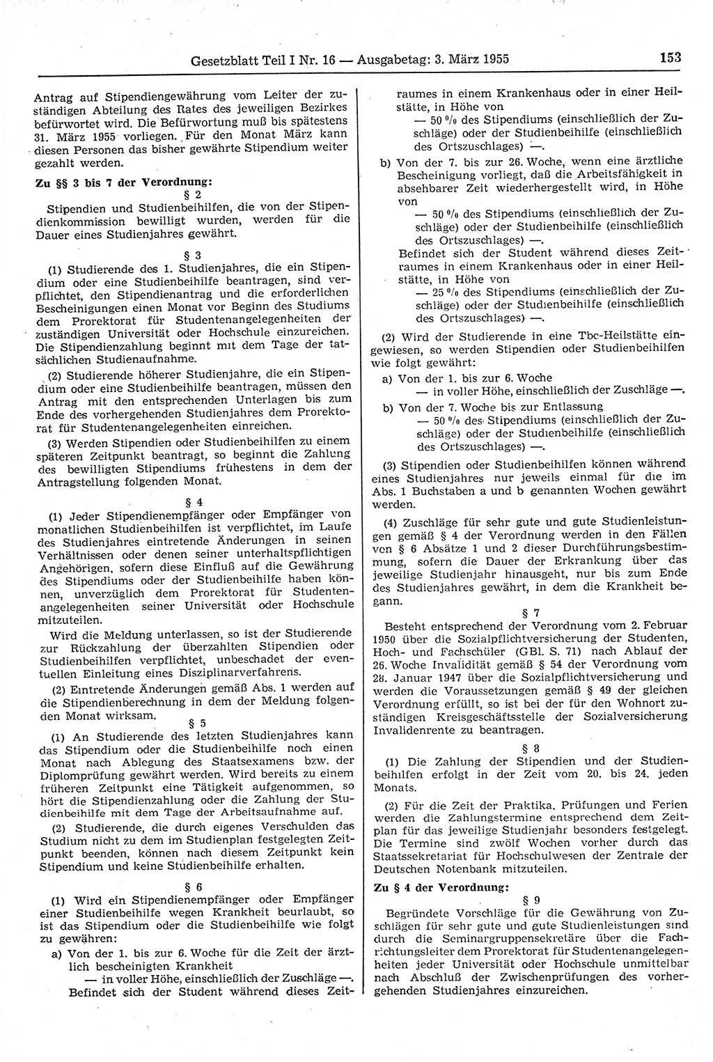 Gesetzblatt (GBl.) der Deutschen Demokratischen Republik (DDR) Teil Ⅰ 1955, Seite 153 (GBl. DDR Ⅰ 1955, S. 153)