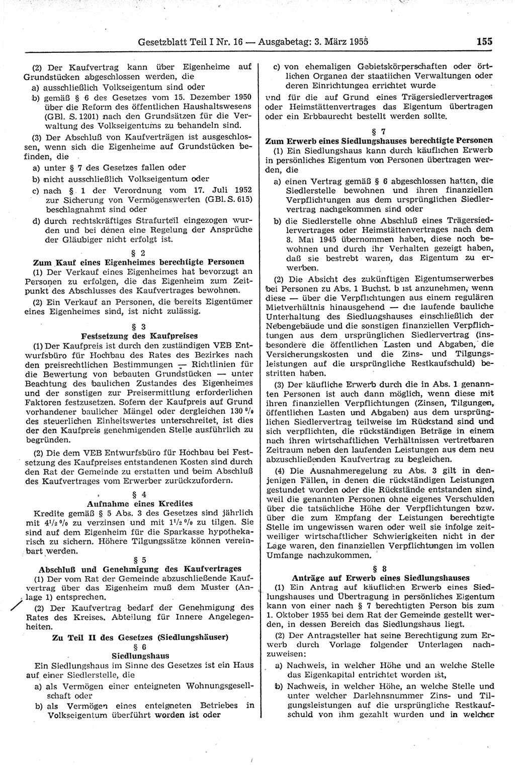 Gesetzblatt (GBl.) der Deutschen Demokratischen Republik (DDR) Teil Ⅰ 1955, Seite 155 (GBl. DDR Ⅰ 1955, S. 155)
