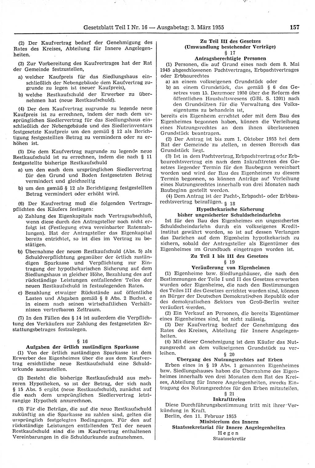 Gesetzblatt (GBl.) der Deutschen Demokratischen Republik (DDR) Teil Ⅰ 1955, Seite 157 (GBl. DDR Ⅰ 1955, S. 157)