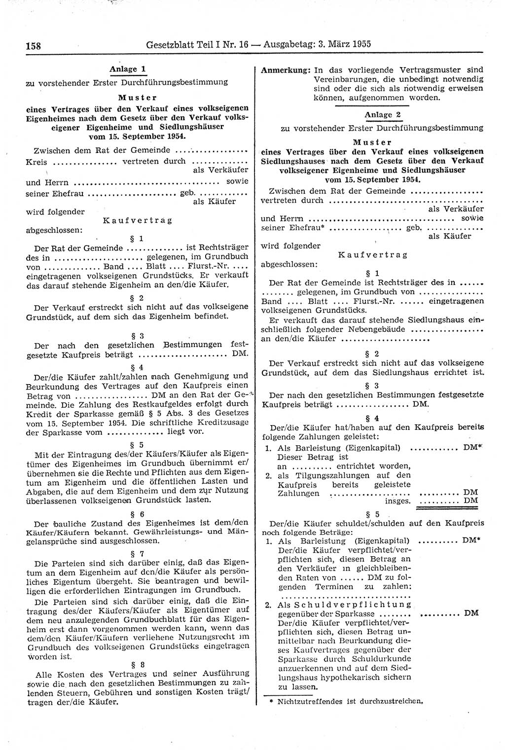 Gesetzblatt (GBl.) der Deutschen Demokratischen Republik (DDR) Teil Ⅰ 1955, Seite 158 (GBl. DDR Ⅰ 1955, S. 158)