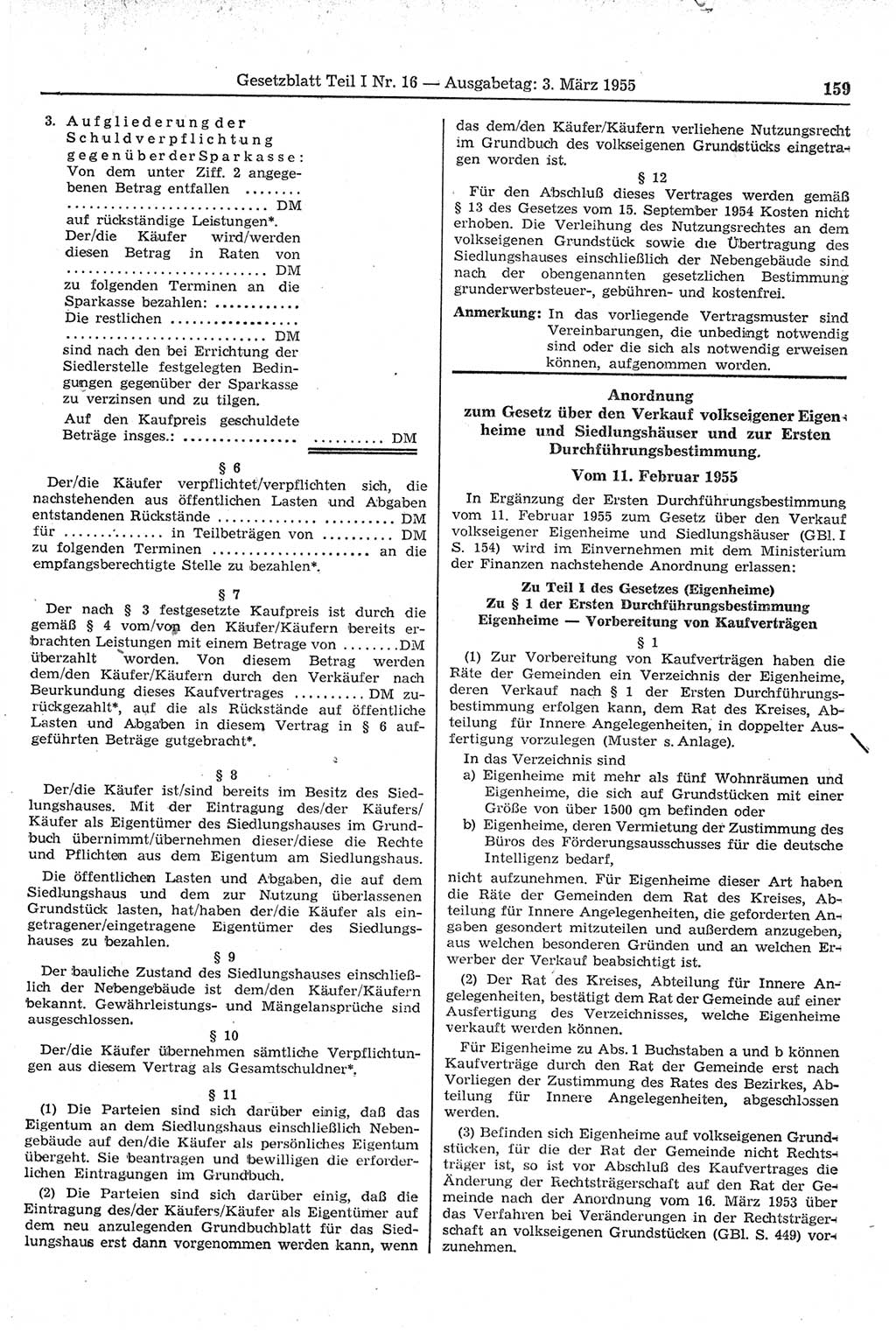 Gesetzblatt (GBl.) der Deutschen Demokratischen Republik (DDR) Teil Ⅰ 1955, Seite 159 (GBl. DDR Ⅰ 1955, S. 159)
