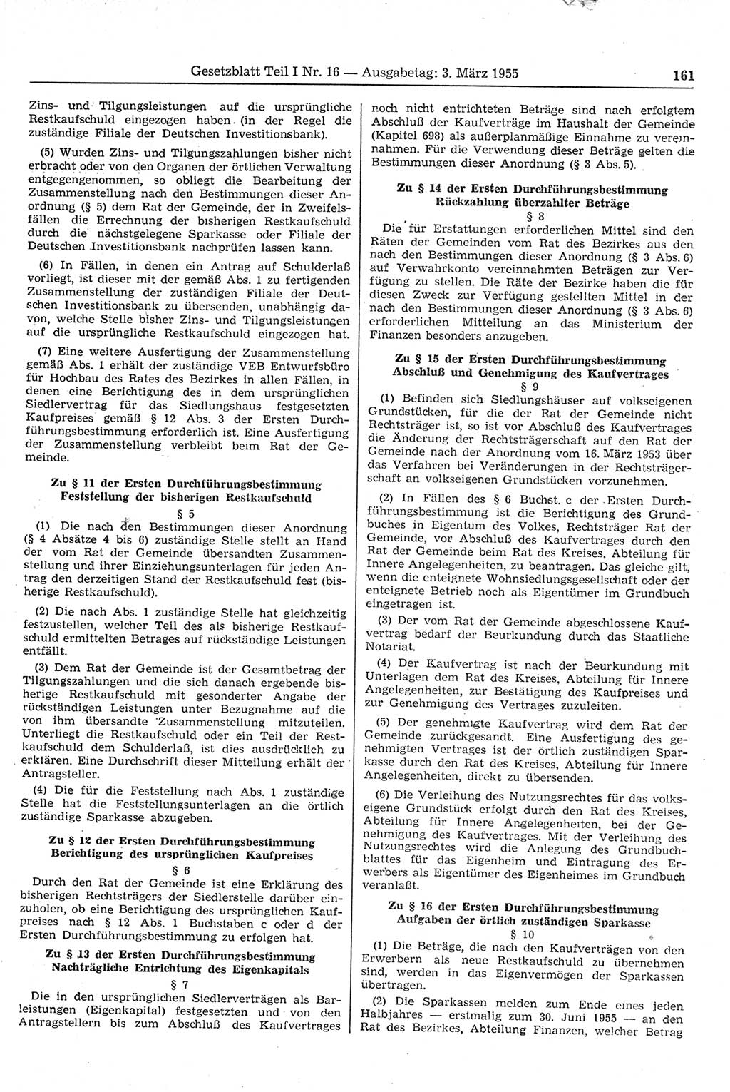 Gesetzblatt (GBl.) der Deutschen Demokratischen Republik (DDR) Teil Ⅰ 1955, Seite 161 (GBl. DDR Ⅰ 1955, S. 161)