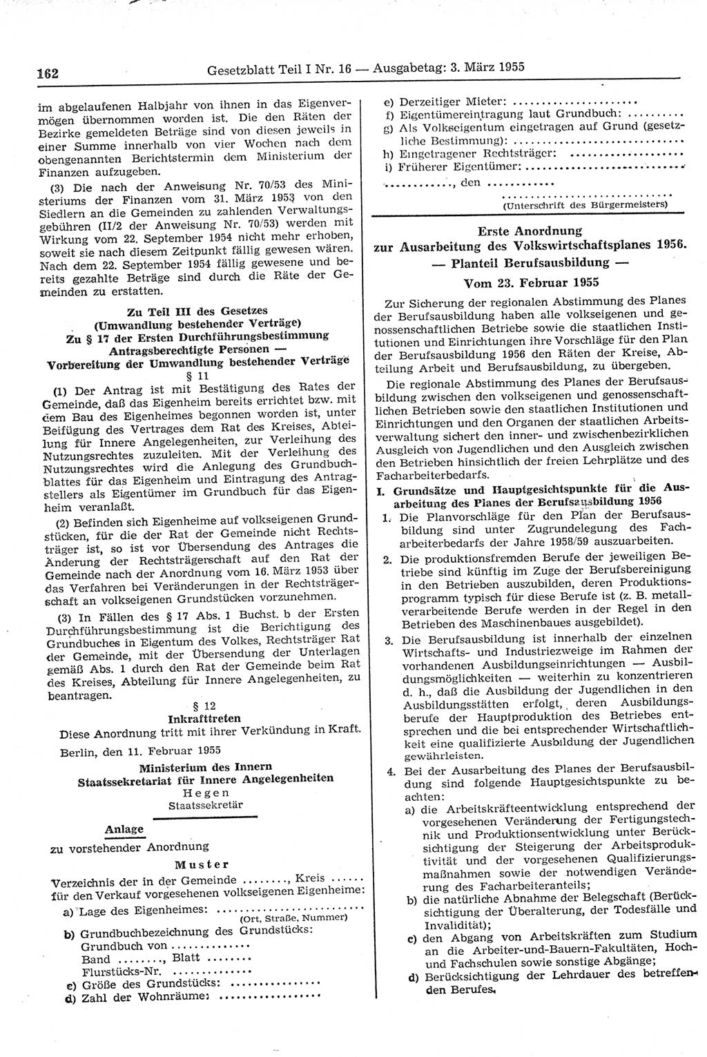 Gesetzblatt (GBl.) der Deutschen Demokratischen Republik (DDR) Teil Ⅰ 1955, Seite 162 (GBl. DDR Ⅰ 1955, S. 162)