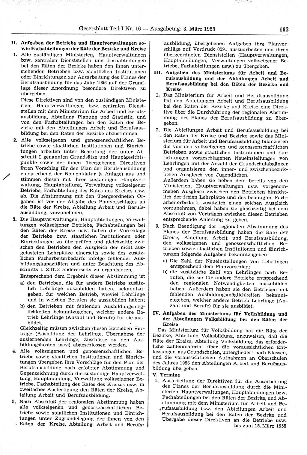 Gesetzblatt (GBl.) der Deutschen Demokratischen Republik (DDR) Teil Ⅰ 1955, Seite 163 (GBl. DDR Ⅰ 1955, S. 163)