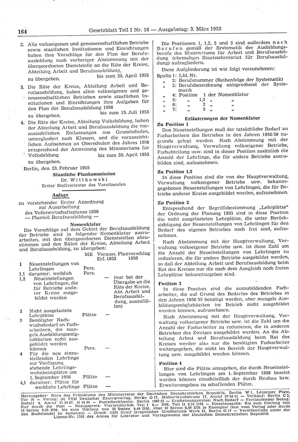Gesetzblatt (GBl.) der Deutschen Demokratischen Republik (DDR) Teil Ⅰ 1955, Seite 164 (GBl. DDR Ⅰ 1955, S. 164)