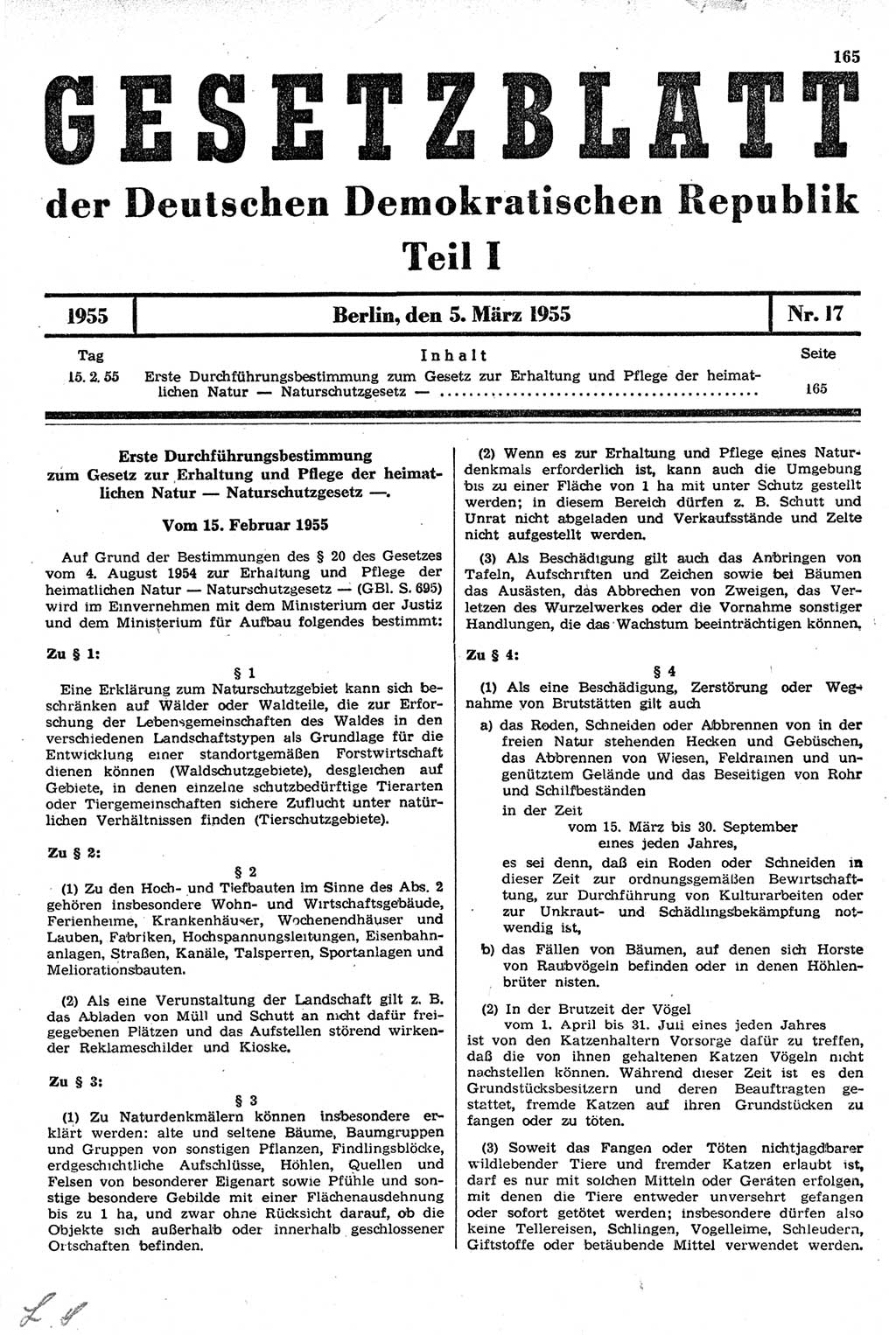 Gesetzblatt (GBl.) der Deutschen Demokratischen Republik (DDR) Teil Ⅰ 1955, Seite 165 (GBl. DDR Ⅰ 1955, S. 165)