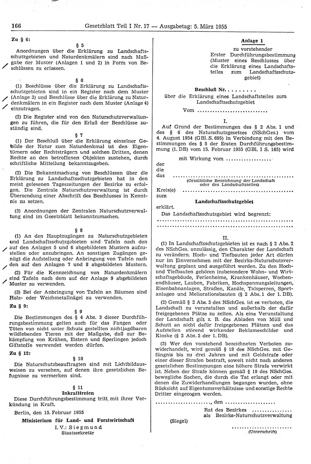 Gesetzblatt (GBl.) der Deutschen Demokratischen Republik (DDR) Teil Ⅰ 1955, Seite 166 (GBl. DDR Ⅰ 1955, S. 166)