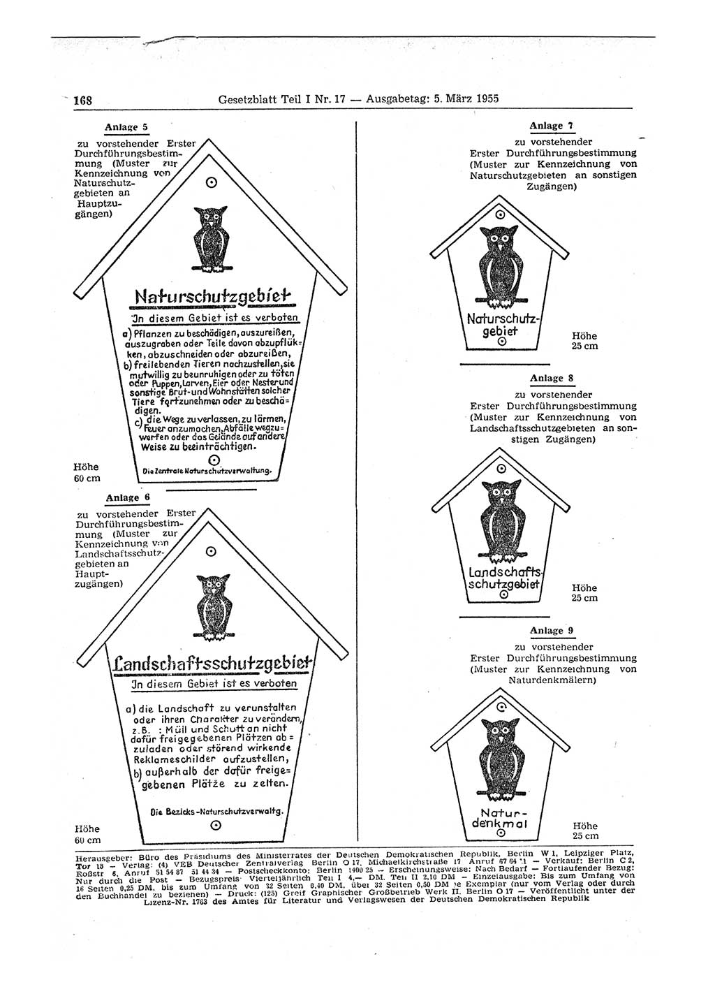 Gesetzblatt (GBl.) der Deutschen Demokratischen Republik (DDR) Teil Ⅰ 1955, Seite 168 (GBl. DDR Ⅰ 1955, S. 168)