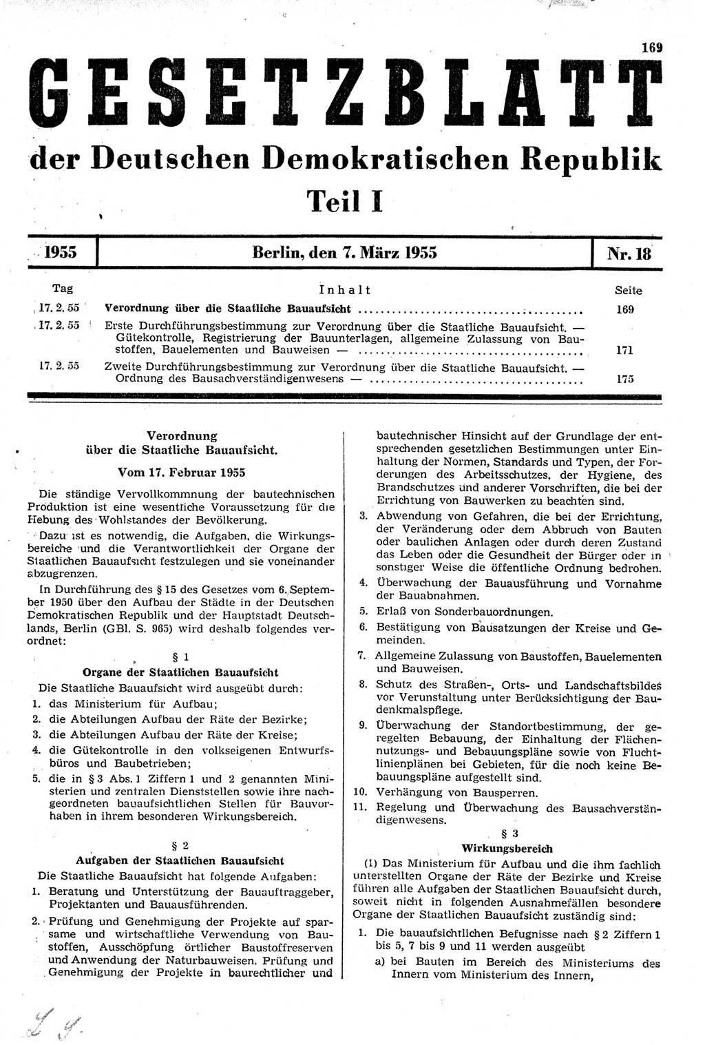 Gesetzblatt (GBl.) der Deutschen Demokratischen Republik (DDR) Teil Ⅰ 1955, Seite 169 (GBl. DDR Ⅰ 1955, S. 169)
