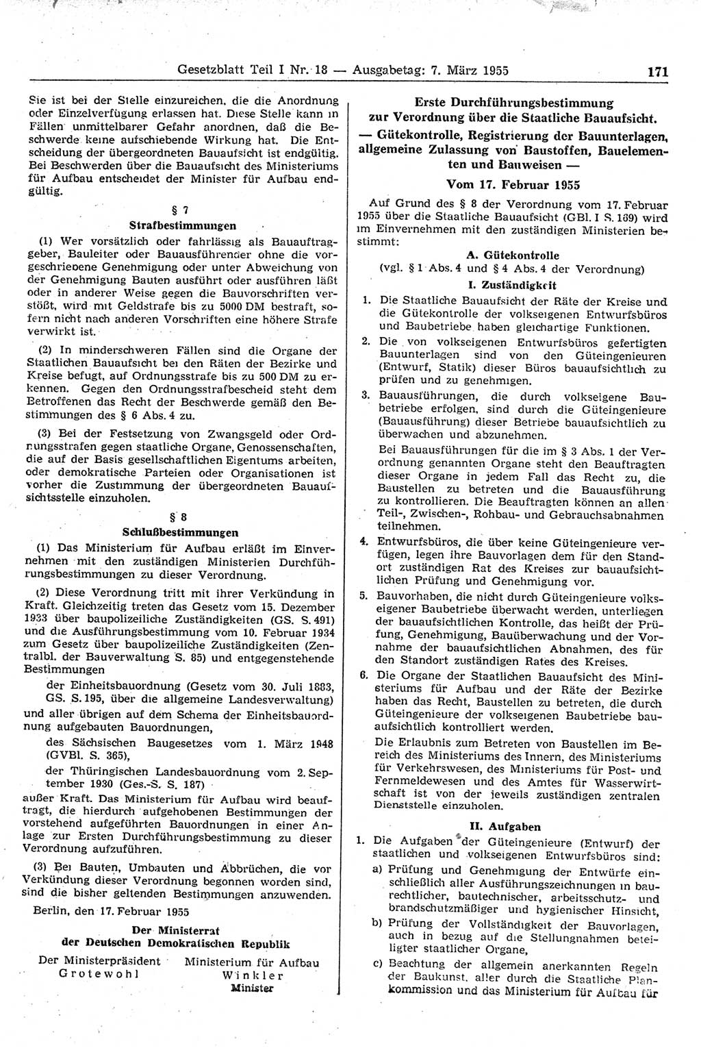 Gesetzblatt (GBl.) der Deutschen Demokratischen Republik (DDR) Teil Ⅰ 1955, Seite 171 (GBl. DDR Ⅰ 1955, S. 171)